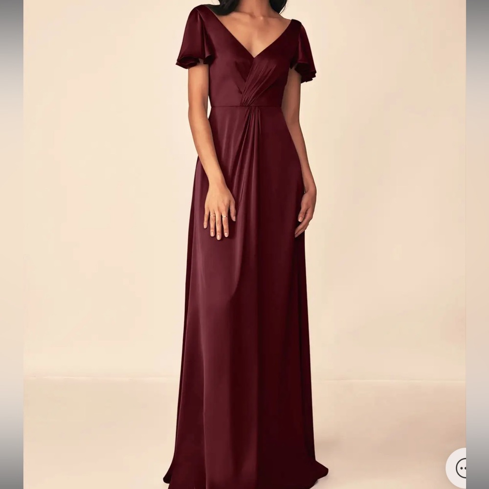 Azazie Burgundy V-Neck Satin Bridesmaid Dress